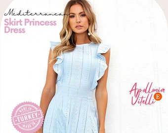 Robe de princesse jupe d’été, avec fermeture éclair et motif ébouriffé élégant, coton 100% turc de haute qualité en blanc neige ou bleu Tiffany