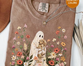 Wildflower Ghost Dachshund Halloween Shirt Long Haired Blonde Doxie Tshirt Comfort Colors Fall Floral Cottagecore Ghost Weiner Dog Mom Gift