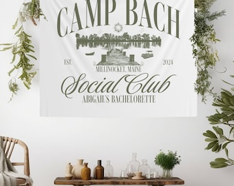 Camp Bachelorette Banner Custom Camp Bach Flag Camping Bachelorette Party Cabin Bach Party Sign Lake Tapestry Glamping Birthday Backdrop