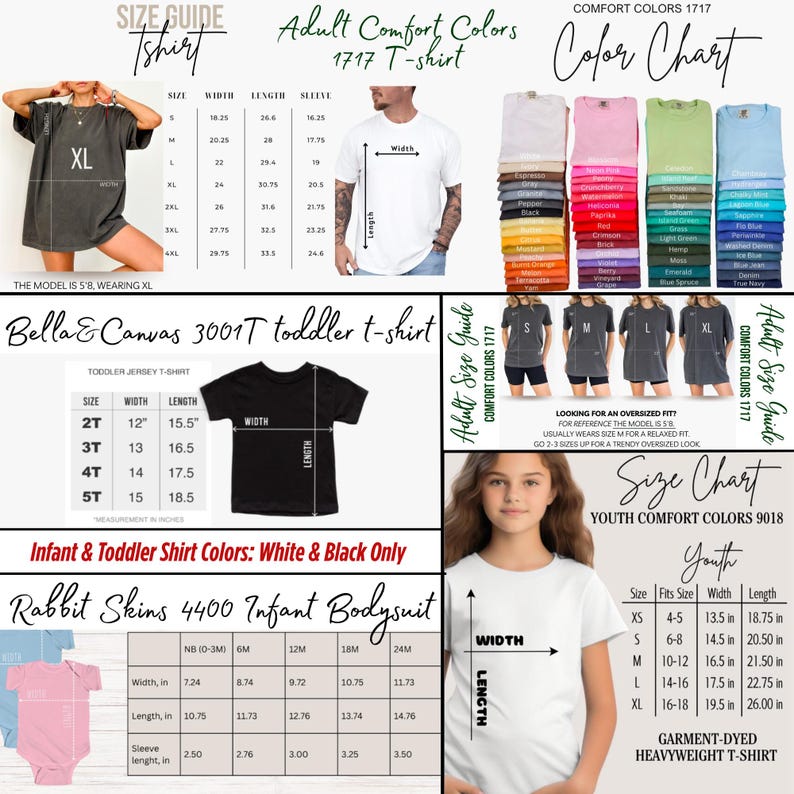 May include: A size guide for t-shirts, including adult and youth sizes, with measurements in inches. The guide features various shirt styles, including Bella & Canvas toddler tees and Rabbit Skins infant bodysuits, with color charts.