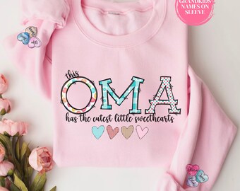 Personalized Valentines Day Oma Sweatshirt With Kids Names on Sleeve Custom Grandma Sweater Birthday Gift From Grandkids Great Grandma Gift