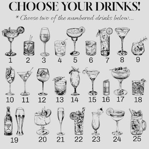 Pode incluir: Um cart&atilde;o de jogo imprim&iacute;vel com 25 ilustra&ccedil;&otilde;es de bebidas diferentes, numeradas de 1 a 25. Escolha duas das bebidas numeradas abaixo.