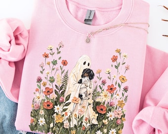 Wildflower Ghost Piebald Dachshund Sweatshirt Black White Long Haired Doxie Halloween Crewneck Fall Floral Cottagecore Weiner Dog Mom Gift