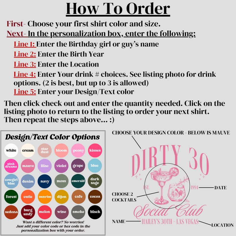 May include: A pink and black graphic design with the text "Dirty 30 Social Club" and a graphic of two cocktails. The design also includes the text "Hailey's 30th - Las Vegas" and "Choose 2 Cocktails".