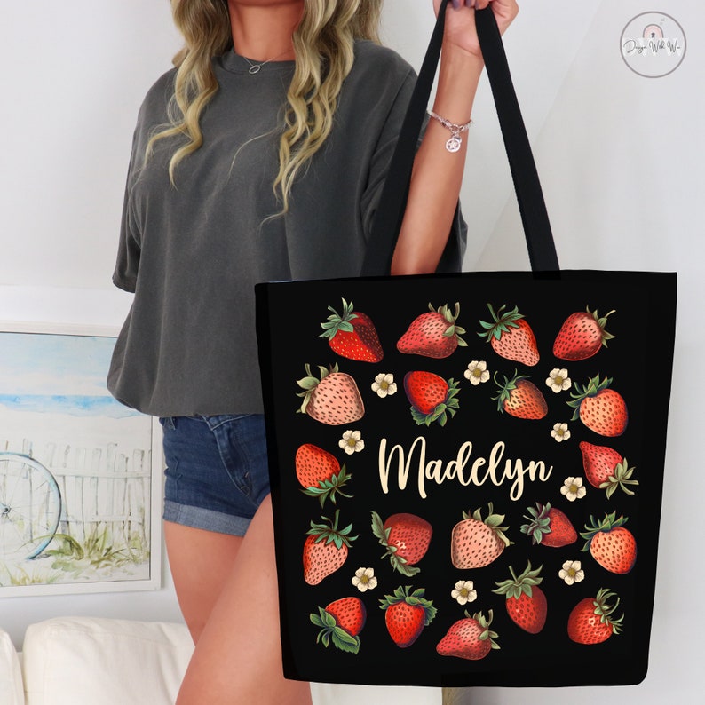 Custom Strawberry Tote Bag Personalized Strawberry Bag Cute Tote Bag Plant Tote Aesthetic Bag Market Bag Pattern Canvas Bag Shoulder Bag image 5