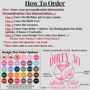 May include: A pink and black printable design for a 30th birthday party. The design features a cocktail glass with a pink drink and a lime wedge. The text "Dirty 30" is in a pink font. The design also includes the text "Social Club" and the text "Hailey's 30th - Las Vegas".