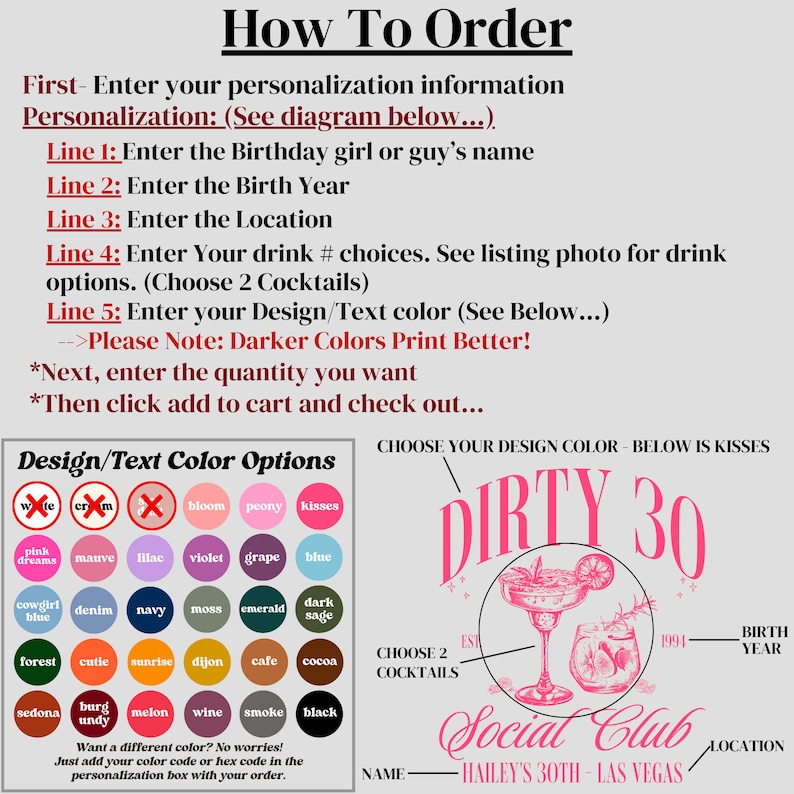 May include: A pink and black printable design for a 30th birthday party. The design features a cocktail glass with a pink drink and a lime wedge. The text "Dirty 30" is in a pink font. The design also includes the text "Social Club" and the text "Hailey's 30th - Las Vegas".