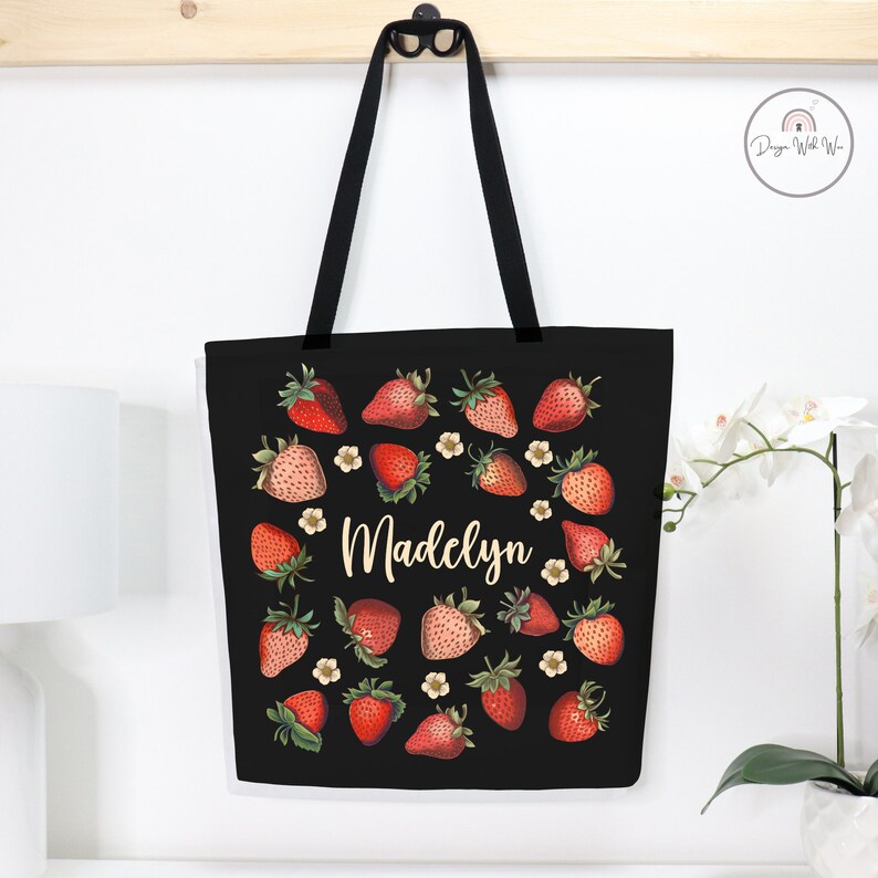 Custom Strawberry Tote Bag Personalized Strawberry Bag Cute Tote Bag Plant Tote Aesthetic Bag Market Bag Pattern Canvas Bag Shoulder Bag image 2