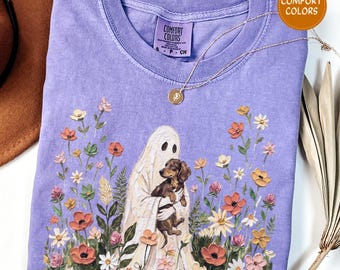 Wildflower Ghost Dachshund Halloween Shirt Fall Long Haired Chocolate Doxie Tee Comfort Colors Floral Cottagecore Weiner Dog Mom Gift Weenie