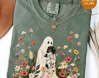 Wildflower Ghost Piebald Dachshund Shirt Black White Long Haired Doxie Halloween Tee Comfort Colors Fall Cottagecore Floral Dog Mom Gift Her