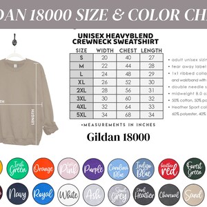 May include: Gildan 18000 Unisex Heavyblend Crewneck Sweatshirt Size and Colour Chart. The chart shows sizes from S to 5XL with corresponding width, chest, and length measurements in inches. The chart also includes a list of available colours, including gold, green, orange, pink, purple, Carolina blue, indigo blue, red, forest green, military green, maroon, navy, royal, white, ash, sport grey, dark heather, charcoal, sand, and black.