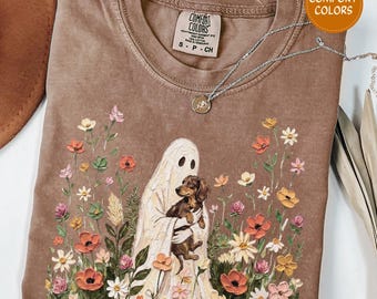 Wildflower Ghost Dachshund Shirt Floral Long Haired Chocolate Doxie Halloween Tee Comfort Colors Cottagecore Weiner Dog Mom Gift Fall Weenie
