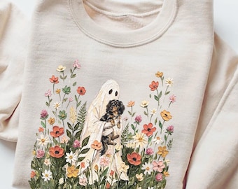 Wildflower Ghost Dapple Dachshund Sweatshirt Long Haired Doxie Halloween Crewneck Floral Cottagecore Ghost Weenie Shirt Wiener Dog Mom Gift