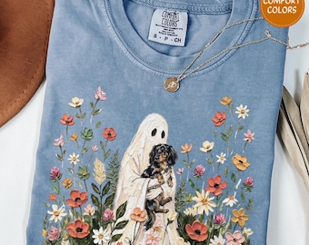 Wildflower Ghost Dapple Dachshund Halloween Shirt Long Haired Doxie Tshirt Comfort Colors Floral Cottagecore Ghost Tee Wiener Dog Mom Gift