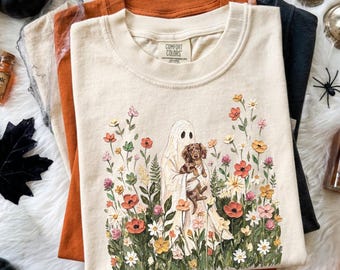 Wildflower Ghost Dachshund Halloween Shirt Long Haired Red Dapple Dachshund Tshirt Fall Floral Cottagecore Ghost Weiner Dog Mom Gift Doxie