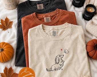 Halloween Dachshund Embroidered Shirt Comfort Colors Wiener Dog Tee Spooky Ghost Dogs Tshirt Cute Doxie Halloween Shirt Fall Dog Lover Gift