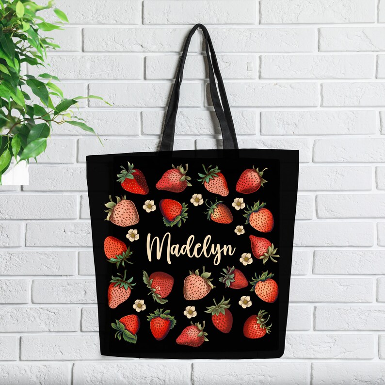 Custom Strawberry Tote Bag Personalized Strawberry Bag Cute Tote Bag Plant Tote Aesthetic Bag Market Bag Pattern Canvas Bag Shoulder Bag image 9