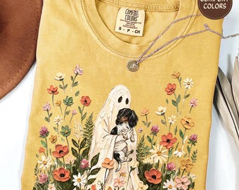 Wildflower Ghost Piebald Dachshund Halloween Shirt Black White Long Haired Doxie Tee Comfort Colors Fall Cottagecore Floral Weiner Dog Gifts