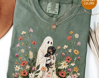 Wildflower Ghost Dachshund Halloween Shirt Long Haired Black Tan Dachshund Tshirt Fall Floral Cottagecore Ghost Weiner Dog Mom Gift Doxie