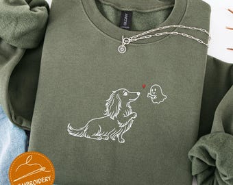 Dachshund Halloween Embroidered Sweatshirt Cute Dog Costume Crewneck Spooky Season Fall Dog Shirt Wiener Dog Lover Tee Dog Mom Shirt