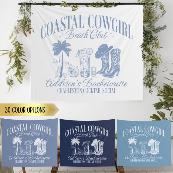 Personalized Coastal Cowgirl Bachelorette Banner Custom Tapestry Beach Party Decor Charleston Bachelorette Sign Coastal Birthday Backdrop