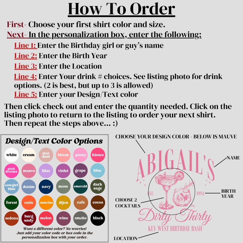 Pode incluir: Um design gr&aacute;fico rosa e branco para uma festa de anivers&aacute;rio com o texto "Abigail's Dirty Thirty Key West Birthday Bash". O design inclui um copo de cocktail rosa com uma fatia de lim&atilde;o e um copo de margarita rosa com um canudo. O design tamb&eacute;m inclui o texto "ST. 1994" e "Choose 2 Cocktails".