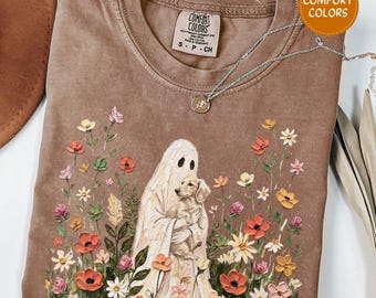 Wildflower Ghost Cream Dachshund Shirt Long Haired Dachshund Halloween Tshirt Comfort Colors Floral Cottagecore Weiner Dog Mom Gift Doxie