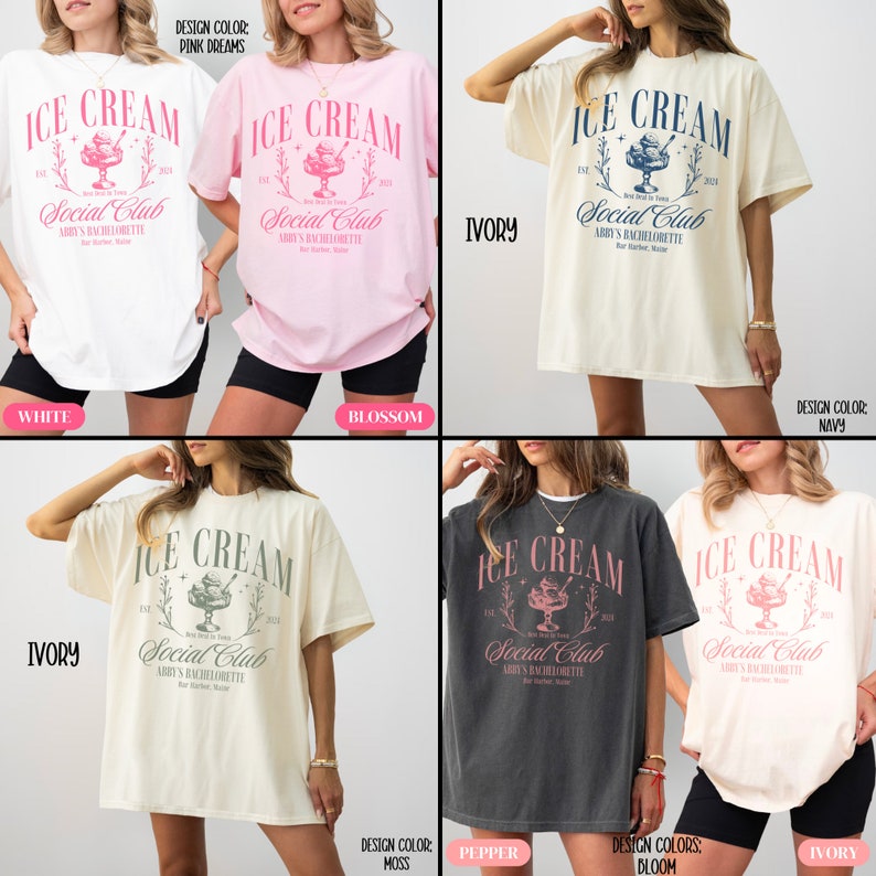 May include: A graphic tee with the text "Ice Cream Social Club" and a vintage-style ice cream cone graphic. The tee is available in white, ivory, blossom, moss, pepper, and navy.