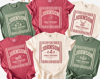 Custom Family Christmas Shirt Comfort Colors Striped Matching Christmas Tshirt Personalized Name Christmas Shirt Vintage Santa Varsity Shirt