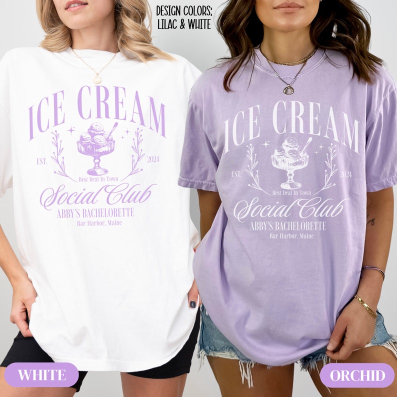 May include: Two white t-shirts with a purple design. The design features an ice cream sundae with the text "ICE CREAM Social Club ABBY'S BACHELORETTE Bar Harbor, Maine" and the dates "EST. 2024". One shirt is white and the other is orchid.