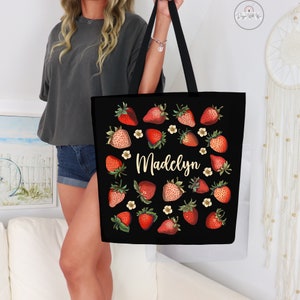 Custom Strawberry Tote Bag Personalized Strawberry Bag Cute Tote Bag Plant Tote Aesthetic Bag Market Bag Pattern Canvas Bag Shoulder Bag