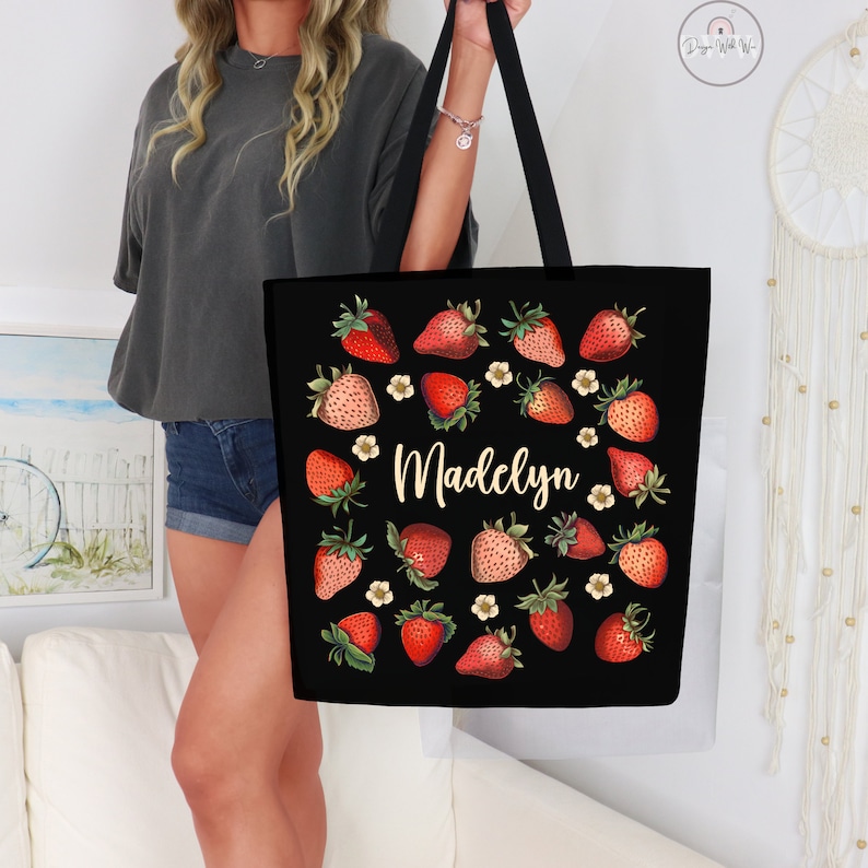 Custom Strawberry Tote Bag Personalized Strawberry Bag Cute Tote Bag Plant Tote Aesthetic Bag Market Bag Pattern Canvas Bag Shoulder Bag image 1