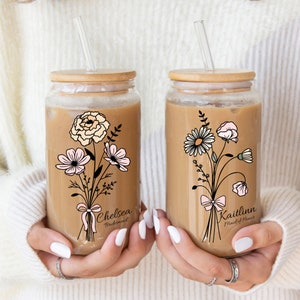 Personalized Coquette Birth Flower Iced Coffee Cup Custom Glass Cup Bridesmaid Proposal Glass Tumbler Be My Bridesmaid Gift Ice Coffee Glass