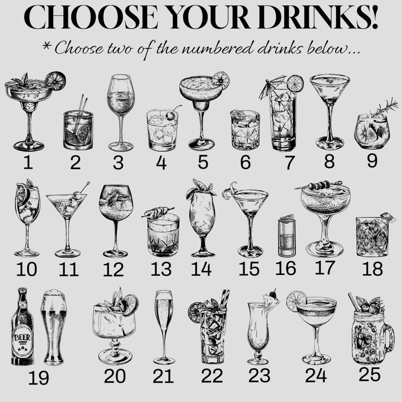 May include: A printable party game featuring 25 different drink illustrations. The game instructs players to choose two of the numbered drinks.