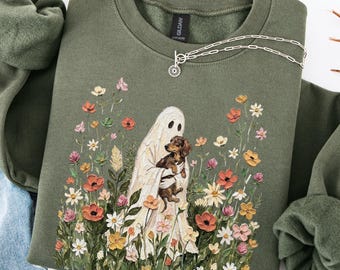 Wildflower Ghost Dachshund Sweatshirt Chocolate Long Haired Dachshund Halloween Shirt Floral Cottagecore Doxie Crewneck Weiner Dog Mom Gift
