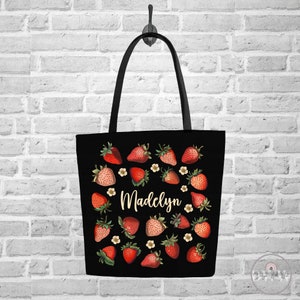 Custom Strawberry Tote Bag Personalized Strawberry Bag Cute Tote Bag Plant Tote Aesthetic Bag Market Bag Pattern Canvas Bag Shoulder Bag image 3