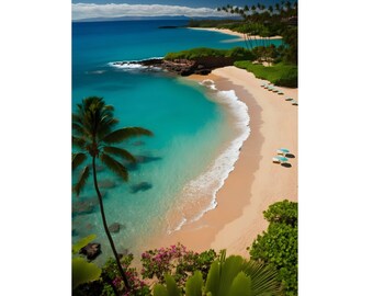 May include: A tropical beach scene with turquoise water, white sand, and palm trees. The beach is lined with lounge chairs and umbrellas.