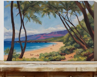 May include: A painting of a tropical beach scene with palm trees, blue water, and a sandy beach. The mountains in the background are purple and the sky is blue.