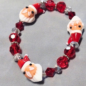 Santa Beaded Bracelet 8&quot;, Red and White Glass and Metal Beads, Christmas Jewelry | Festive Holiday Gift for Her, Unique Handmade Design