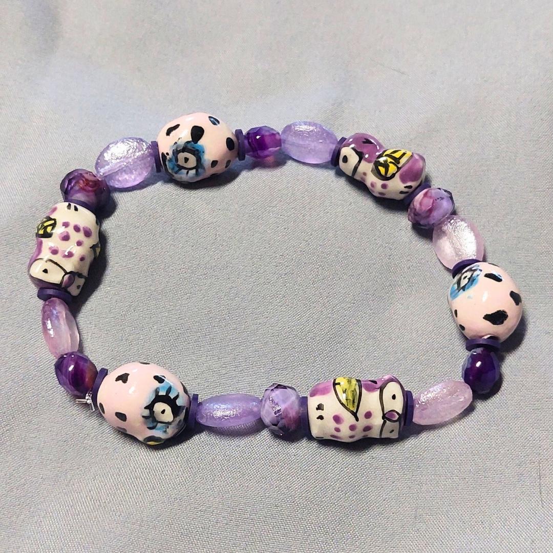 Purple Beaded Bracelet with Ceramic Owls, Czech Glass Beads