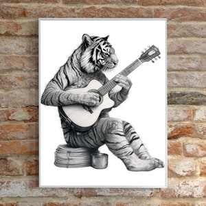 Tiger Guitarist Wall Art Cat Lover Wall Art Digital Download Tiger Poster Guitar Print Cat Playing Guitar Wall Art