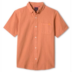 May include: A short-sleeved, button-down shirt in a solid orange color. The shirt features a chest pocket on the left side and a button-down collar. The shirt has white buttons and a small tag on the pocket.