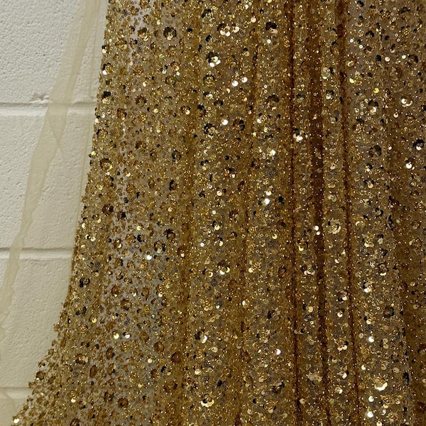 Gold Beaded & Sequin Mesh Lace Fabric | Perfect for Prom Dresses, Bridal Gowns, Party Dress- 52" Width Sell by the Yard.