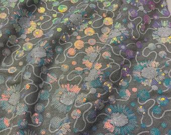 5 Yards Exclusive White Iridescent Sequins Lace Fabric/ Silver Metallic Mesh Embroidery with Bright Iridescent Sequin/ Sequins Lace