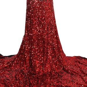 Red Color Stretch Sequin Fabric/Black 4 Way Stretch Mesh 5mm Red Sequin/ Red Sequin/Sequin Fabric/Sequin for Prom/Red Sequin Fabric-Per Yard