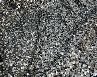 Sequin/Sequin in Silver Color on Stretch Black Mesh/Sequin for Prom, Bridal, Evening Grown, Party Dresses/Stretch Sequin in Silver-Per Yard.