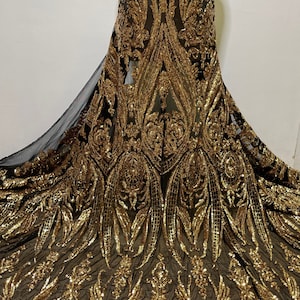 Gold Stretch Sequin Fabric/ 4 Way Black Stretch Mesh with Gold Sequin/ See Through Black Stretch Mesh & 3mm Gold Sequin/Gold Sequins-By Yard