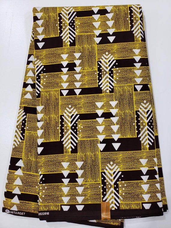 Yellow Gold White Brown MudCloth Wax Print Fabric -Sell by 6 Yards 100% cotton