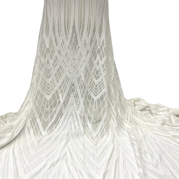 White Exotic Stretch Sequin Lace Fabric/ 4 Way Stretch Sequins Fabric/ White Sequin Lace/Wedding Lace/Prom Dress Sequins Fabric-by Yard