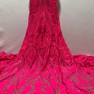 Exclusive Color Stretch Sequin Fabric/ Neon PINK Sequin/ Hot Pink Stretch Sequins Lace Fabric/4 Way stretch Sequin Hot Pink